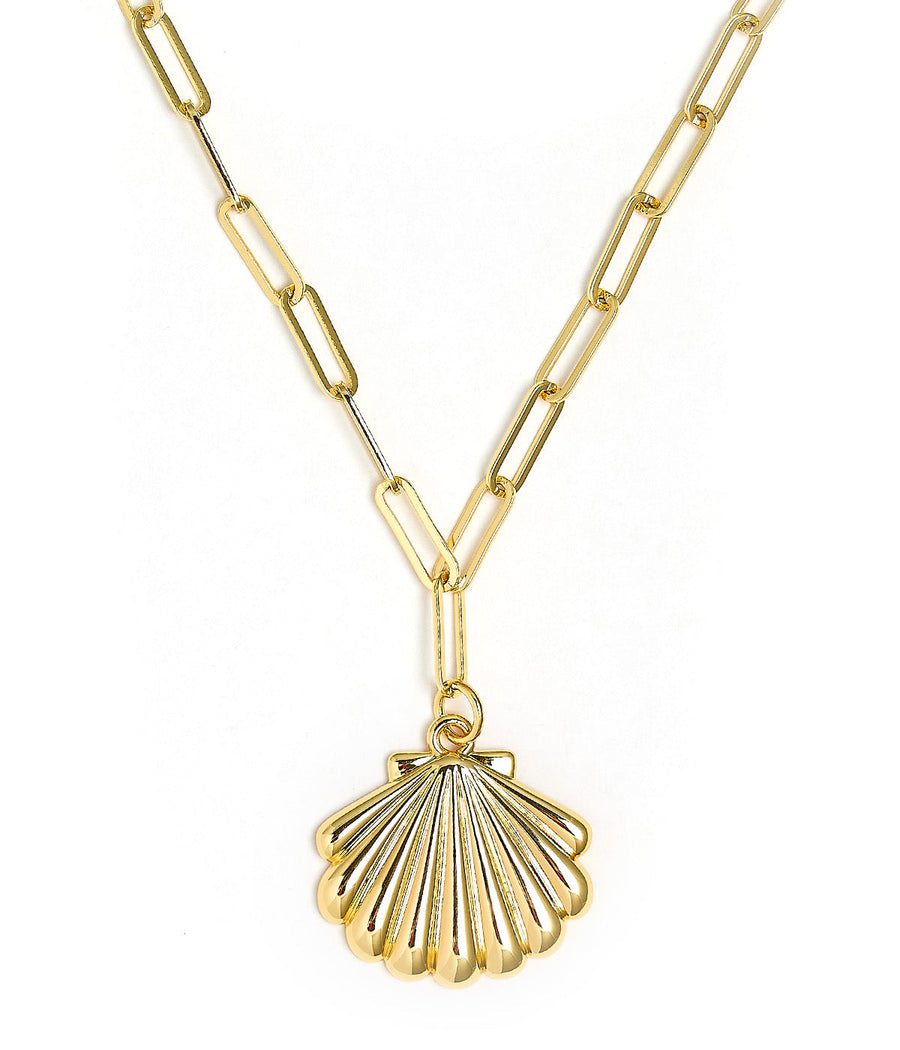 Puffy Scallop Shell Necklace with paper clip chain - 18k Plated Necklace - Glamourous Grace