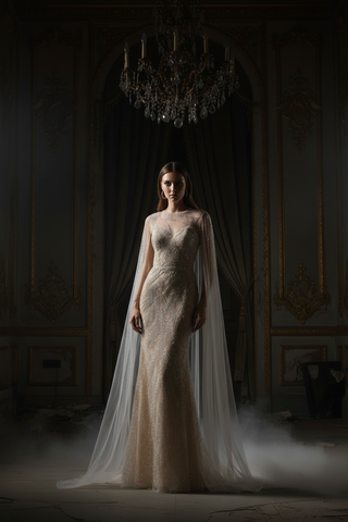 Long Cape Beaded Gown - Glamourous Grace