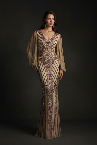 Long Flutter Sleeves Beaded Dress - Glamourous Grace
