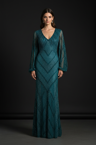 Long Sleeve Beaded Dress with Sheer Sleeves - Glamourous Grace