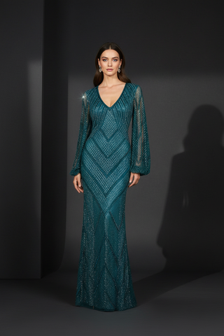 Long Sleeve Beaded Dress with Sheer Sleeves - Glamourous Grace