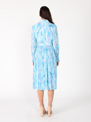 Long Sleeve Belted Smocked Cuffs Print Dress