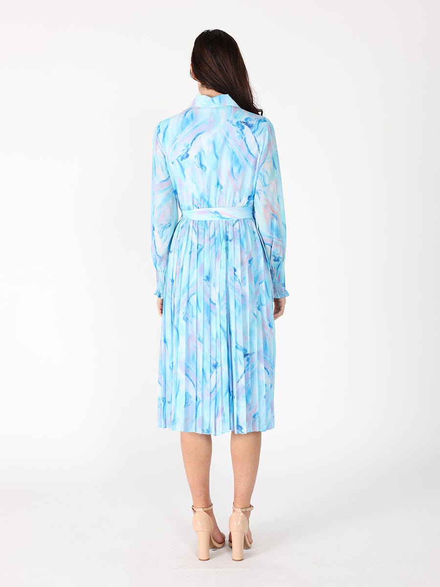 Long Sleeve Belted Smocked Cuffs Print Dress - Glamourous Grace