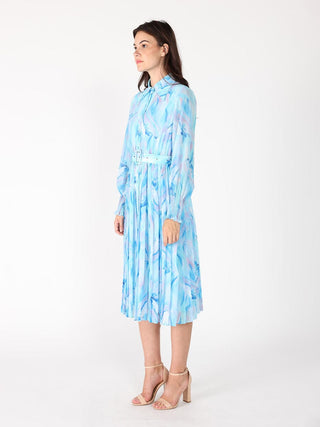 Long Sleeve Belted Smocked Cuffs Print Dress