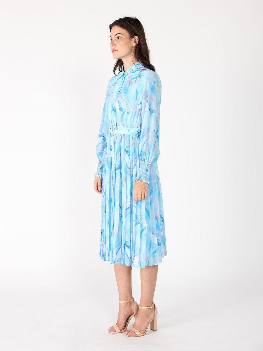 Long Sleeve Belted Smocked Cuffs Print Dress