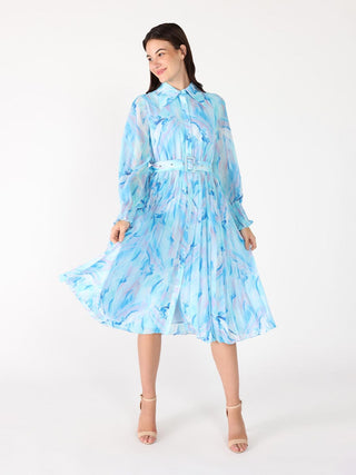 Long Sleeve Belted Smocked Cuffs Print Dress