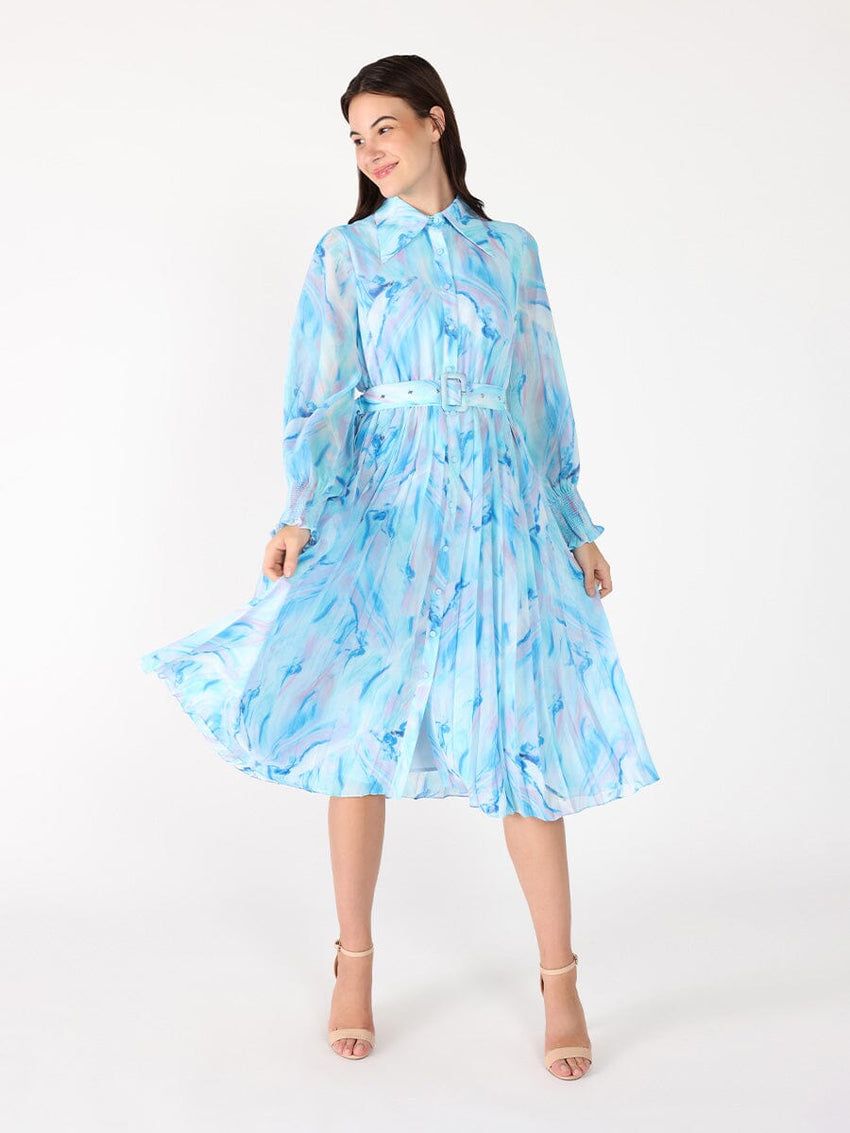 Long Sleeve Belted Smocked Cuffs Print Dress