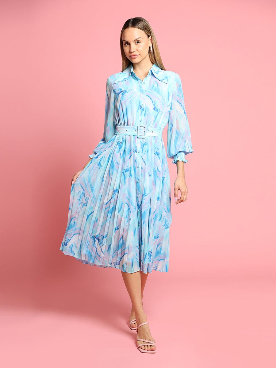 Long Sleeve Belted Smocked Cuffs Print Dress - Glamourous Grace