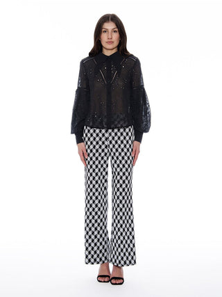 Long Sleeve Button Cuff Eyelet Collared Top