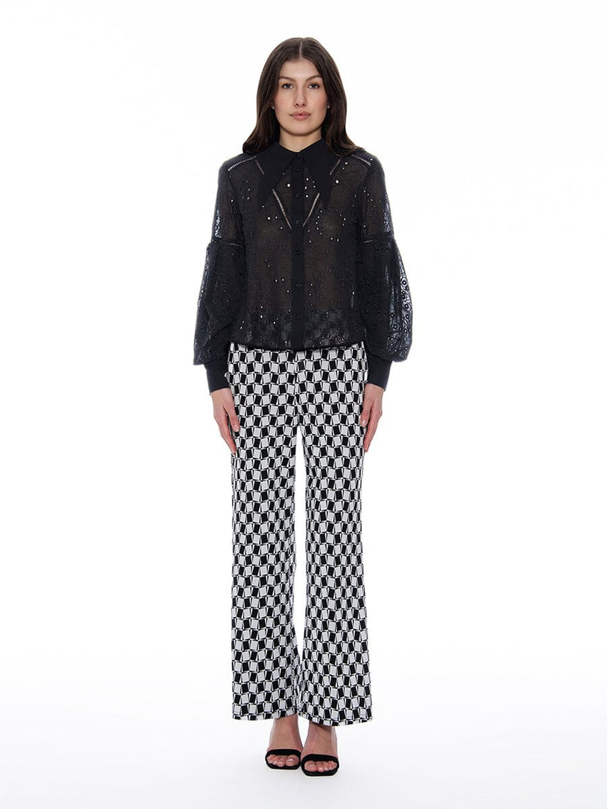 Long Sleeve Button Cuff Eyelet Collared Top