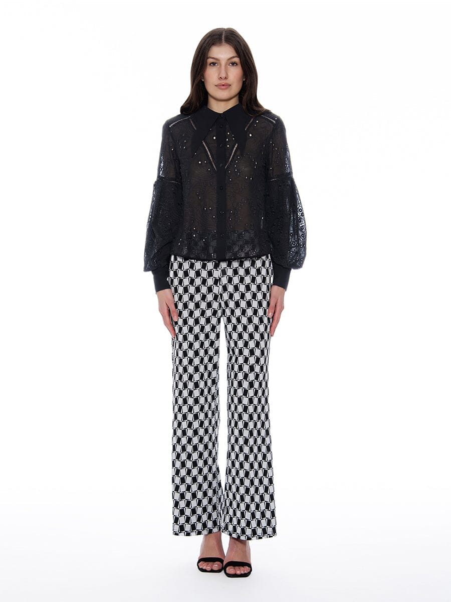 Long Sleeve Button Cuff Eyelet Collared Top - Glamourous Grace