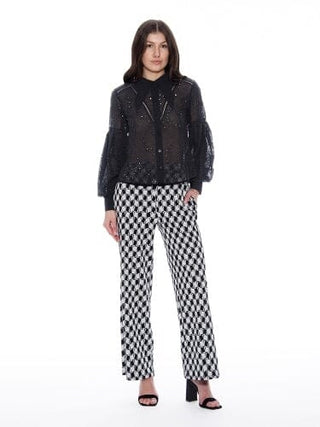 Long Sleeve Button Cuff Eyelet Collared Top
