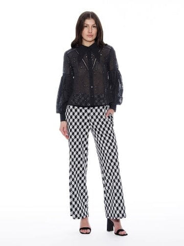 Long Sleeve Button Cuff Eyelet Collared Top