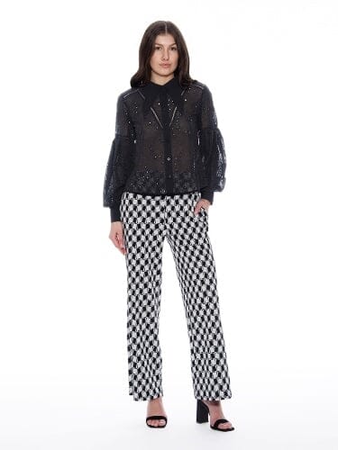 Long Sleeve Button Cuff Eyelet Collared Top - Glamourous Grace