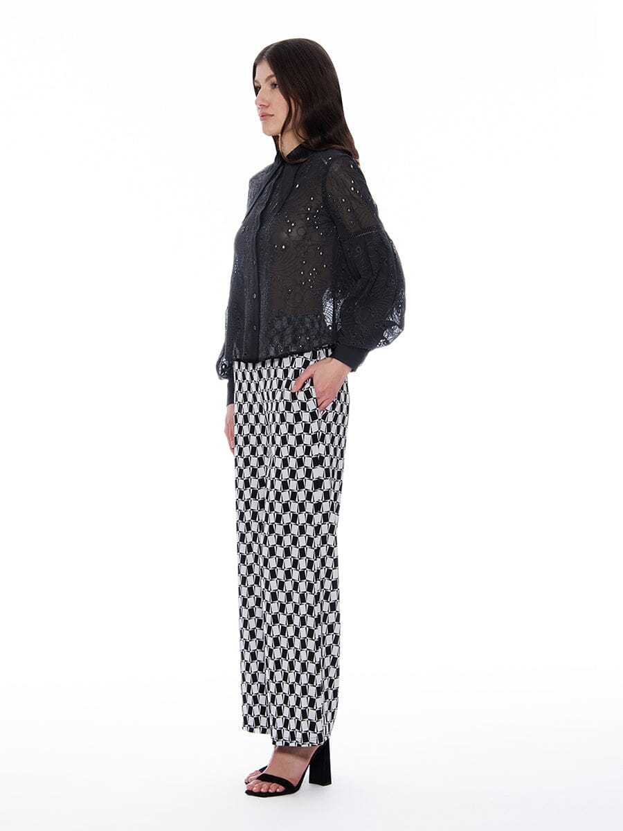 Long Sleeve Button Cuff Eyelet Collared Top - Glamourous Grace