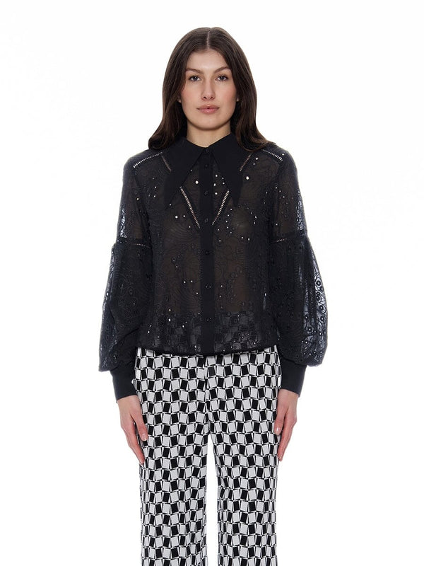 Long Sleeve Button Cuff Eyelet Collared Top - Glamourous Grace