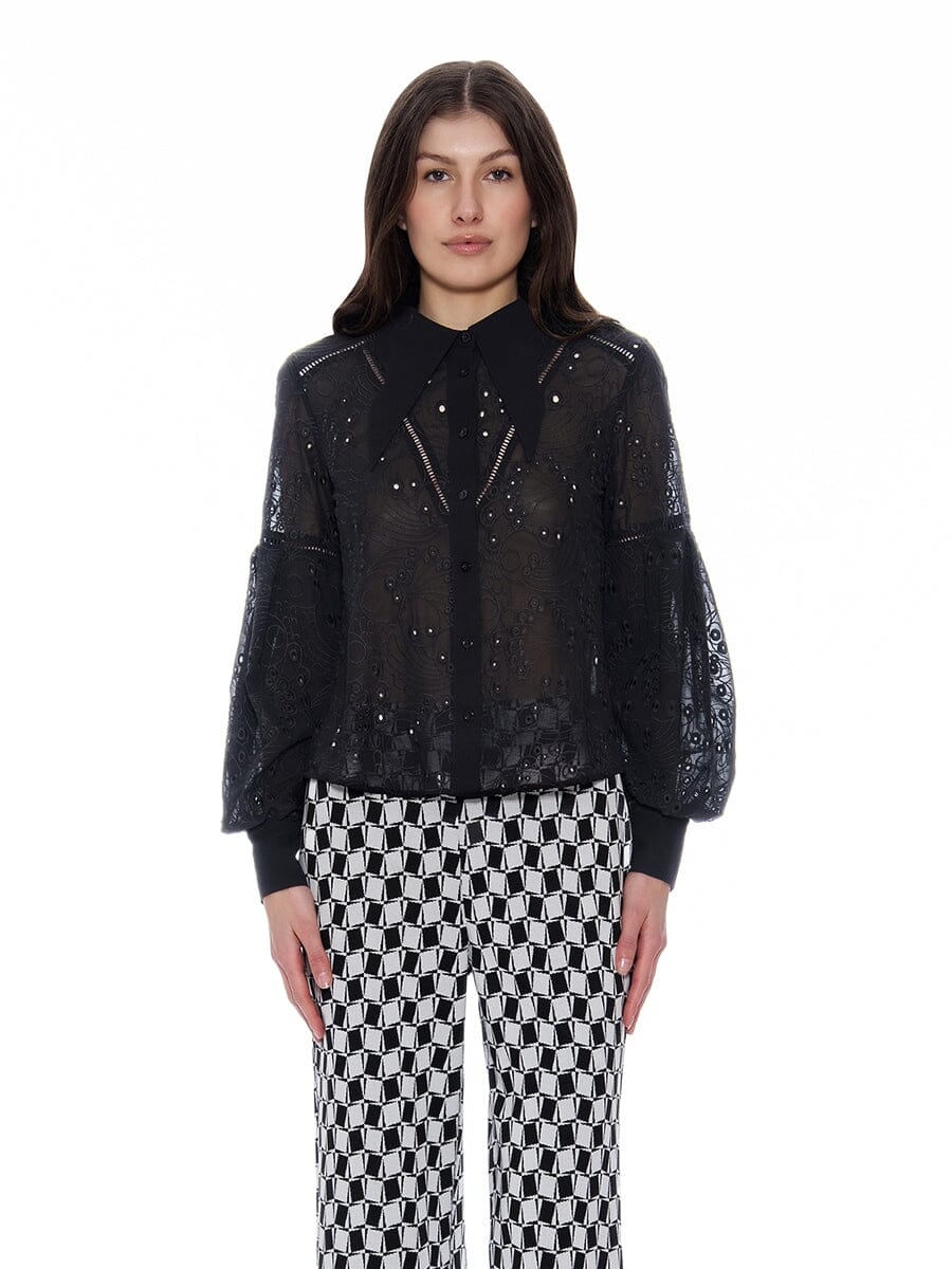 Long Sleeve Button Cuff Eyelet Collared Top - Glamourous Grace