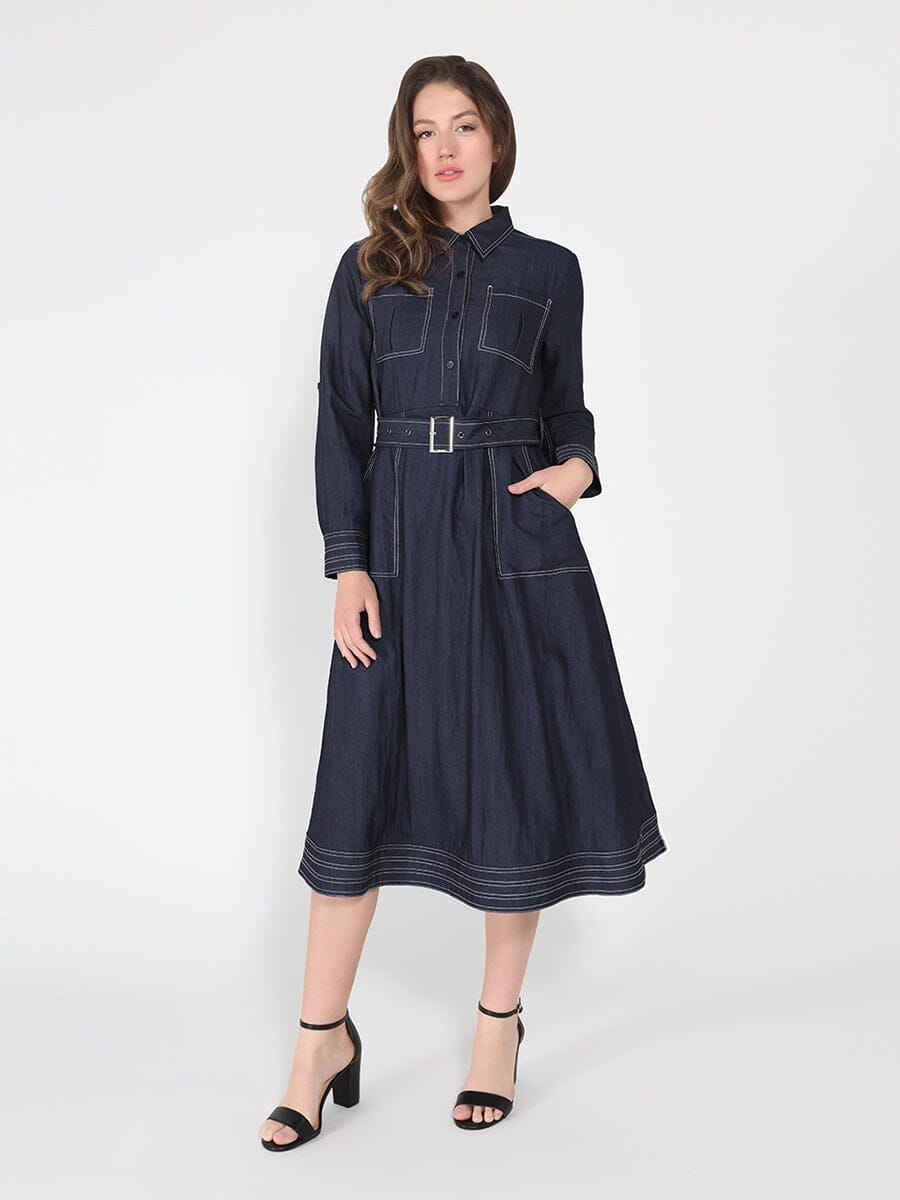 Long sleeve contrast stitch denim midi dress - Glamourous Grace