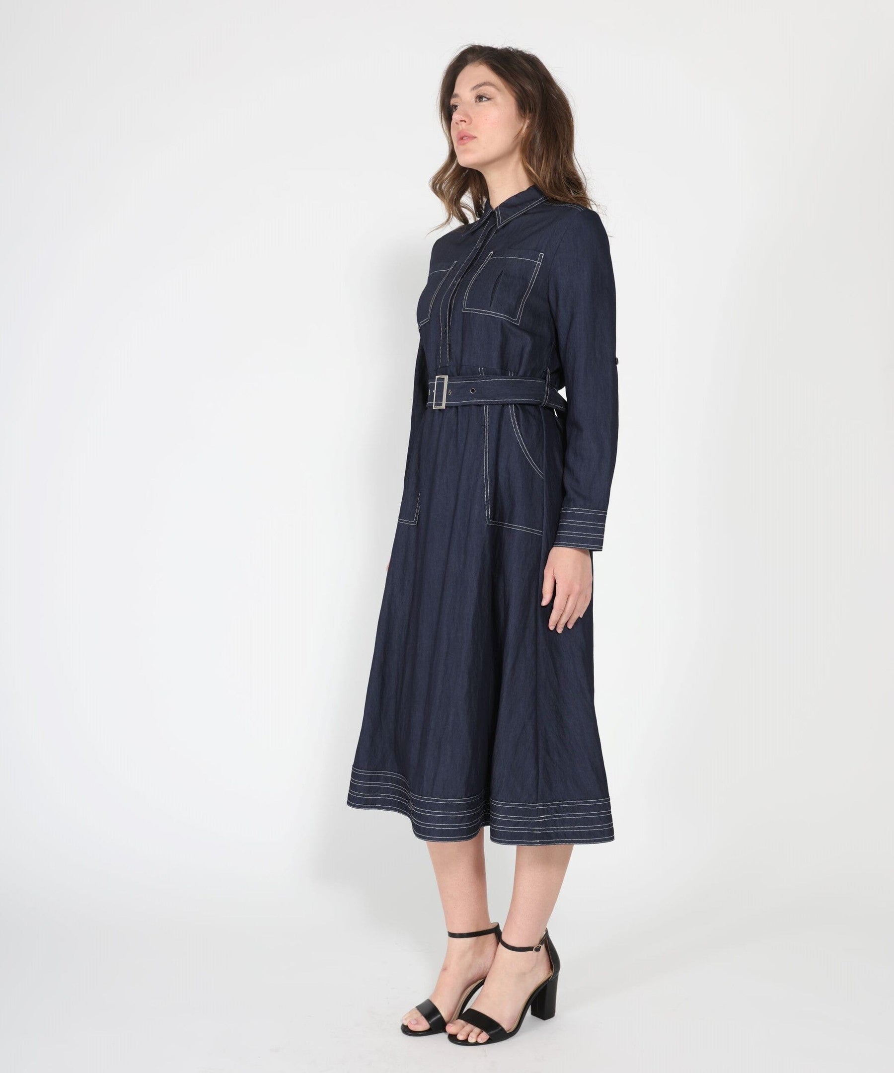 Long sleeve contrast stitch denim midi dress