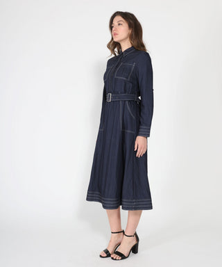 Long sleeve contrast stitch denim midi dress