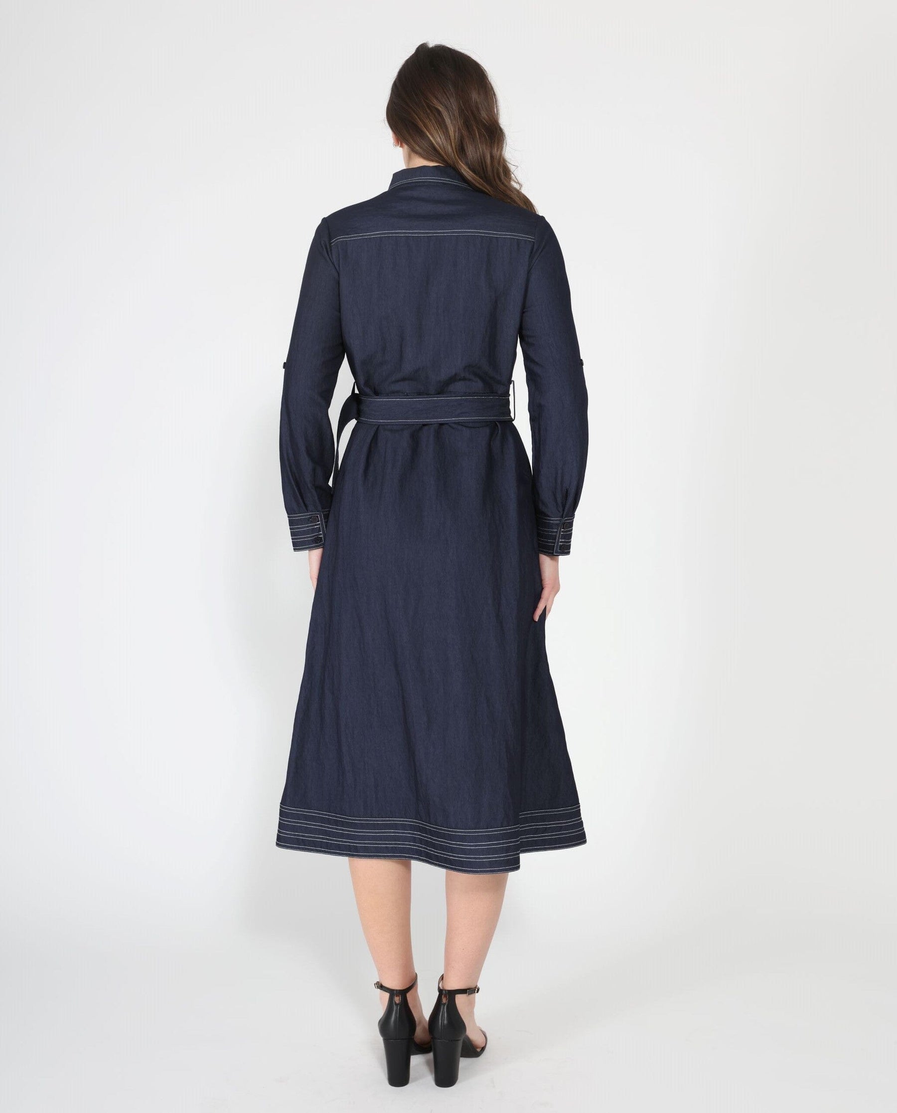 Long sleeve contrast stitch denim midi dress