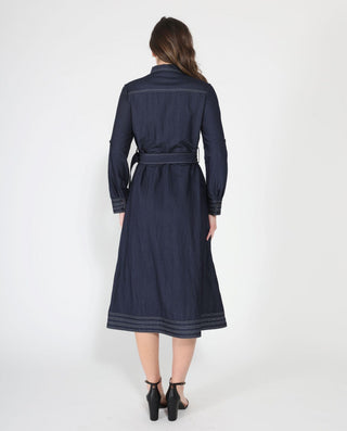 Long sleeve contrast stitch denim midi dress