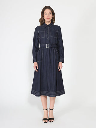 Long sleeve contrast stitch denim midi dress