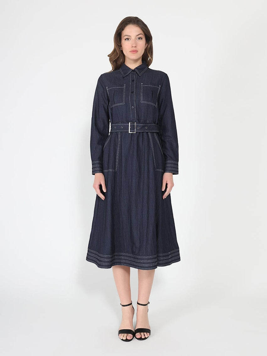 Long sleeve contrast stitch denim midi dress