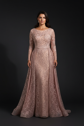 Long Sleeve Gown with Overskirt – Dark Cinematic Background
