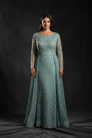 Long Sleeve Gown with Overskirt & Illusion Neckline - Glamourous Grace