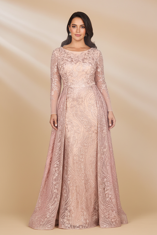 Long Sleeve Gown with Overskirt & Illusion Neckline – Direct Reference