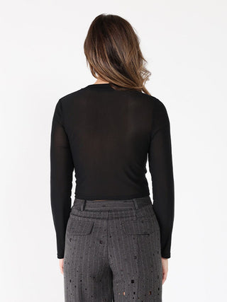 Long Sleeve Round Neck Leather Detailed Top