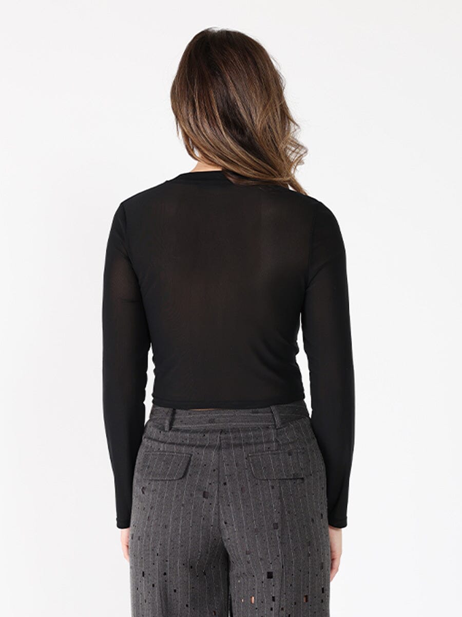 Long Sleeve Round Neck Leather Detailed Top - Glamourous Grace