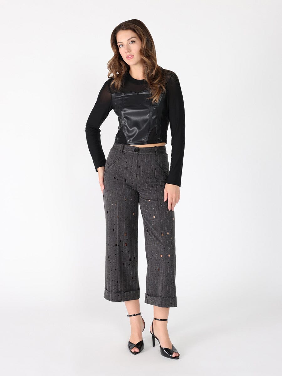 Long Sleeve Round Neck Leather Detailed Top - Glamourous Grace