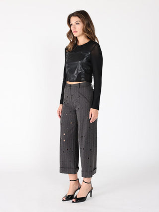 Long Sleeve Round Neck Leather Detailed Top