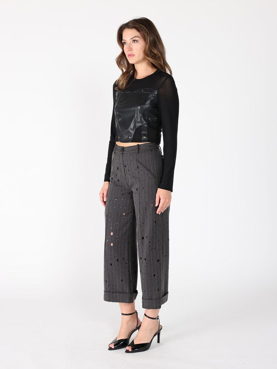 Long Sleeve Round Neck Leather Detailed Top - Glamourous Grace