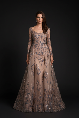 Long Sleeve Scoop Neck Lace Gown with Overskirt - Glamourous Grace