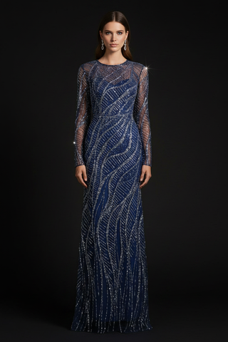 Long Sleeve Sheath Gown with Silver Beads - Glamourous Grace