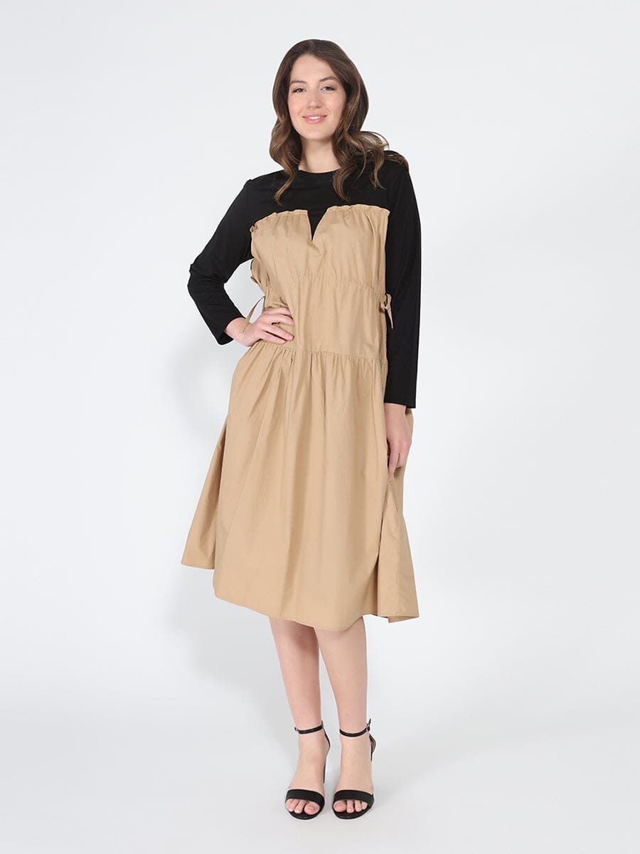 Long Sleeve Two Material Smocked Gathered Dress - Glamourous Grace
