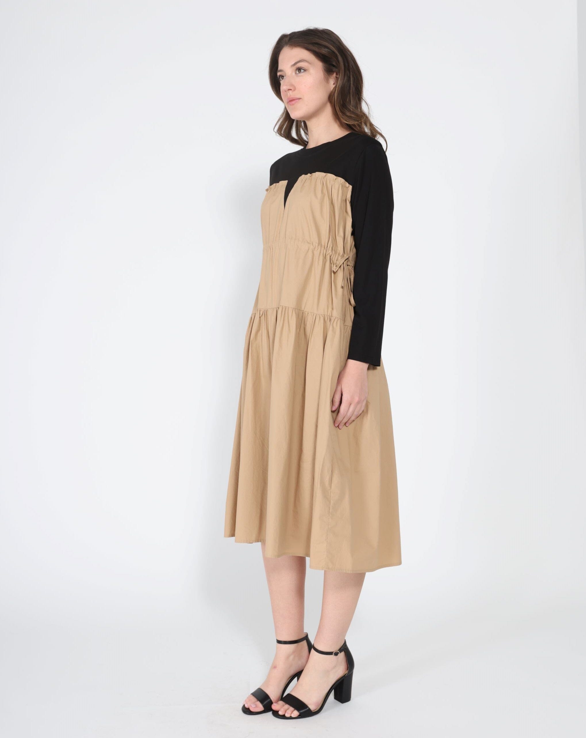 Long Sleeve Two Material Smocked Gathered Dress - Glamourous Grace