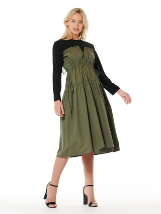 Long Sleeve Two Material Smocked Gathered Dress