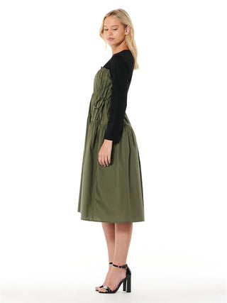 Long Sleeve Two Material Smocked Gathered Dress