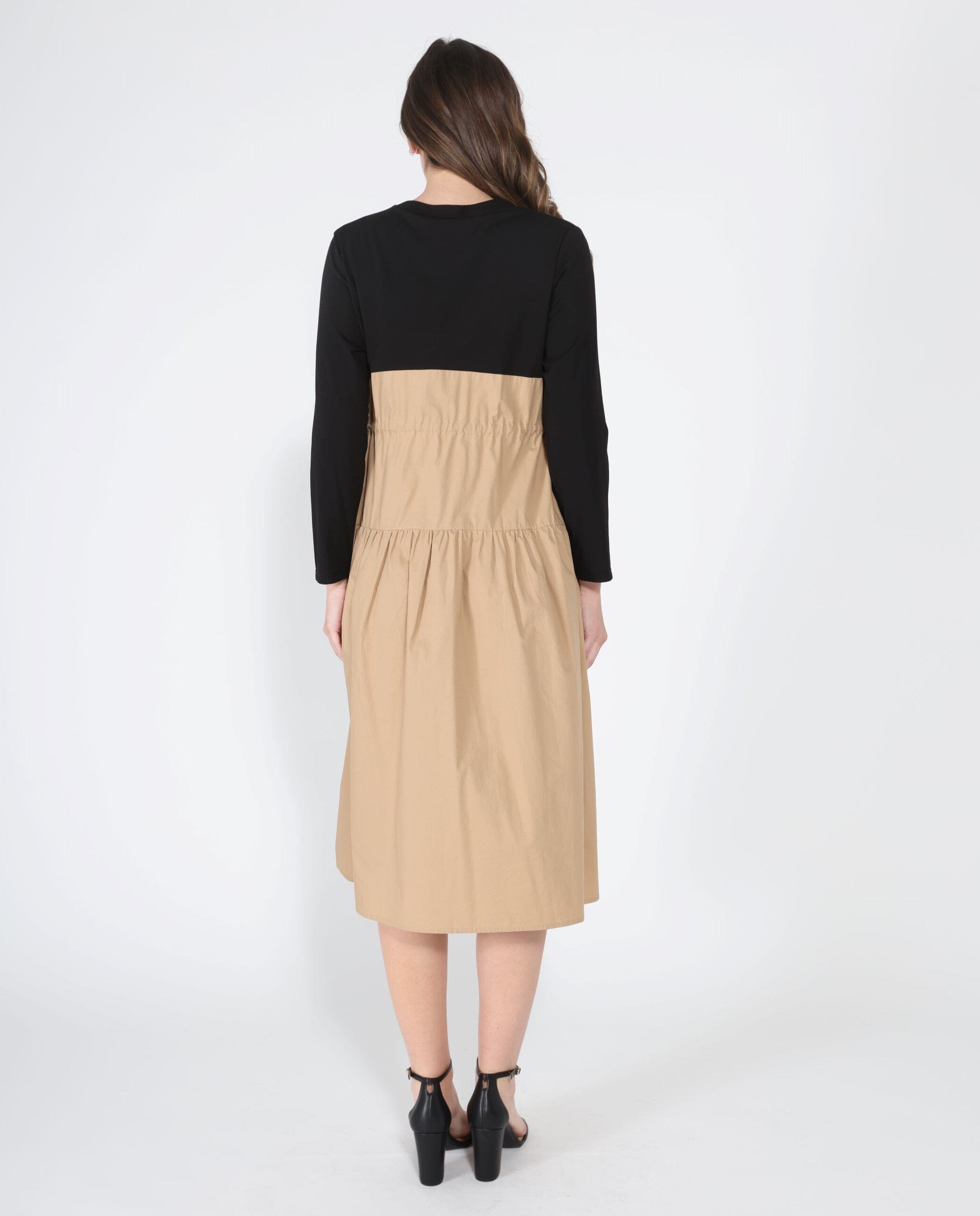 Long Sleeve Two Material Smocked Gathered Dress - Glamourous Grace