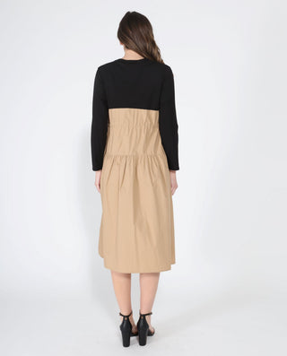 Long Sleeve Two Material Smocked Gathered Dress