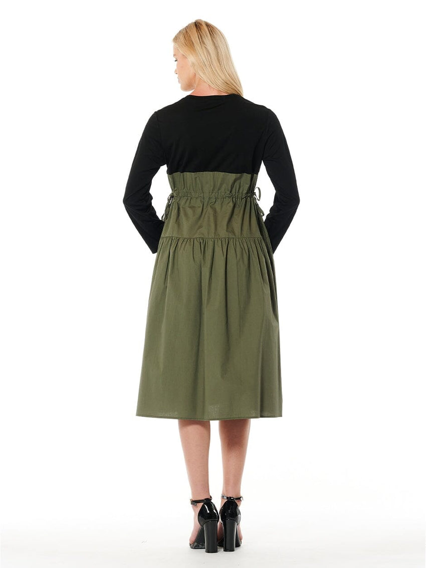 Long Sleeve Two Material Smocked Gathered Dress
