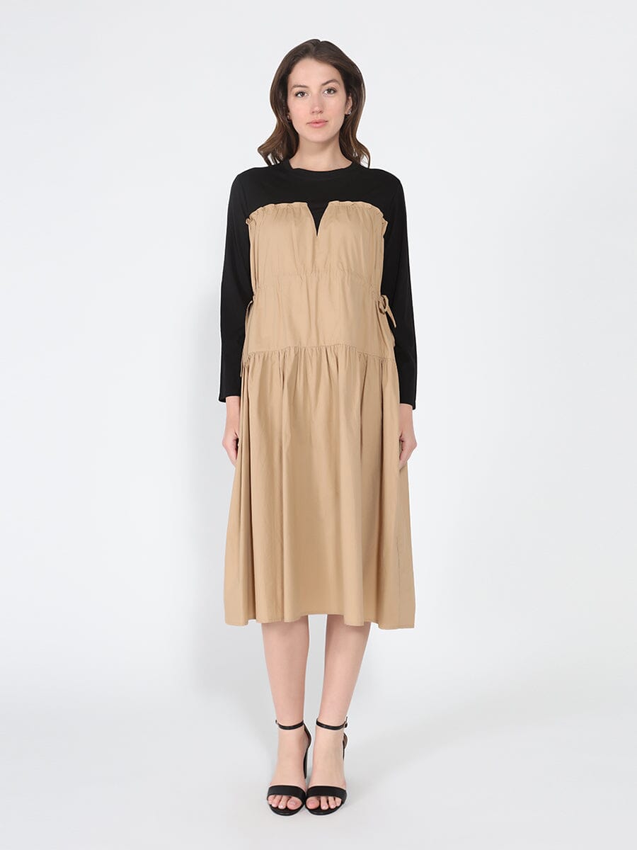 Long Sleeve Two Material Smocked Gathered Dress - Glamourous Grace