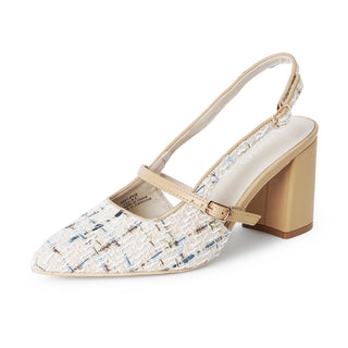 J.Adams Lori beige tweed heels with pointed toes and slim heels, showcasing stylish and elegant footwear design.