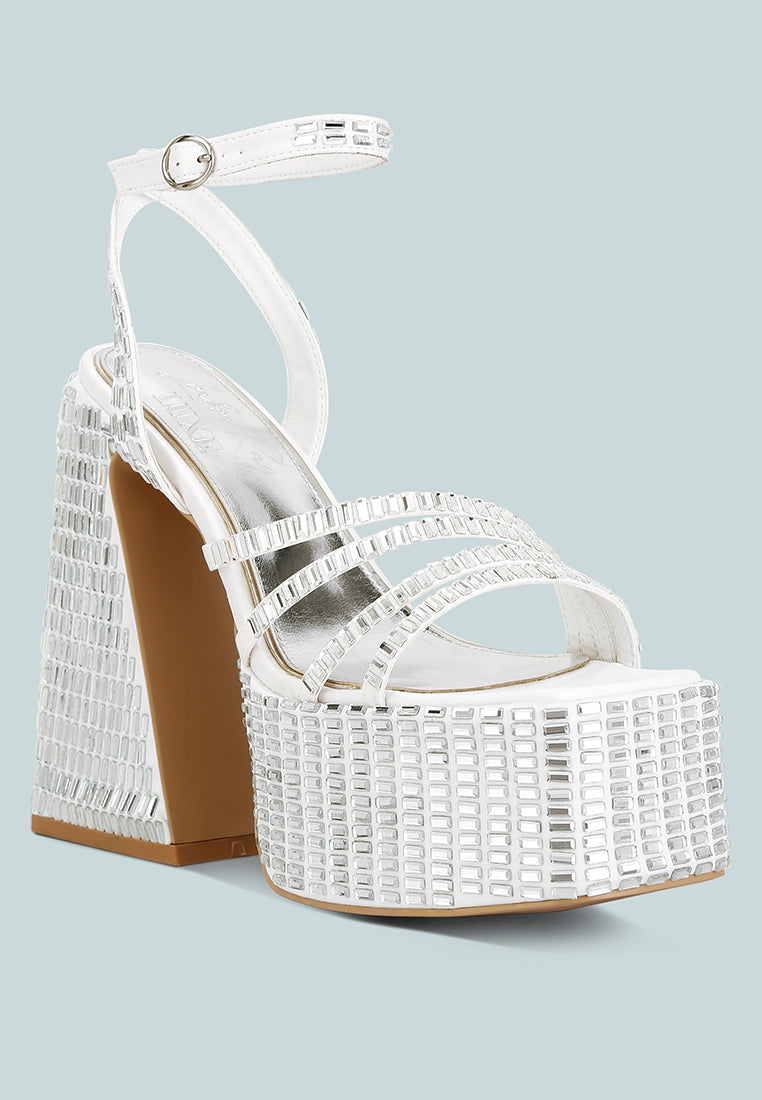 Lustrous Mirror Embellished Flare Block Heel Sandals - Glamourous Grace