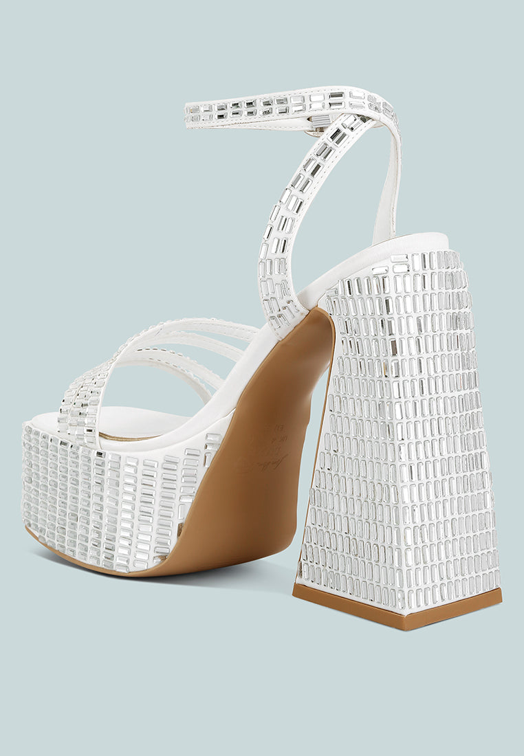 Lustrous Mirror Embellished Flare Block Heel Sandals - Glamourous Grace