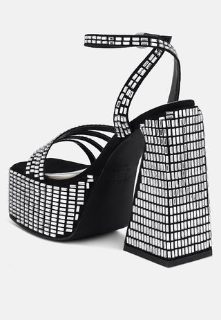 Lustrous Mirror Embellished Flare Block Heel Sandals